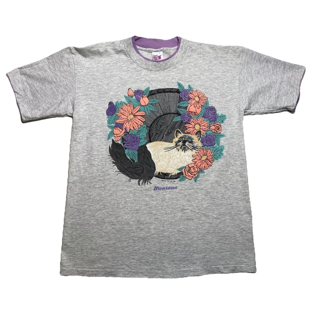 Vintage Cat Flowers Montana‎ T-Shirt Adult Large Lesal Wes USA Grandmacore